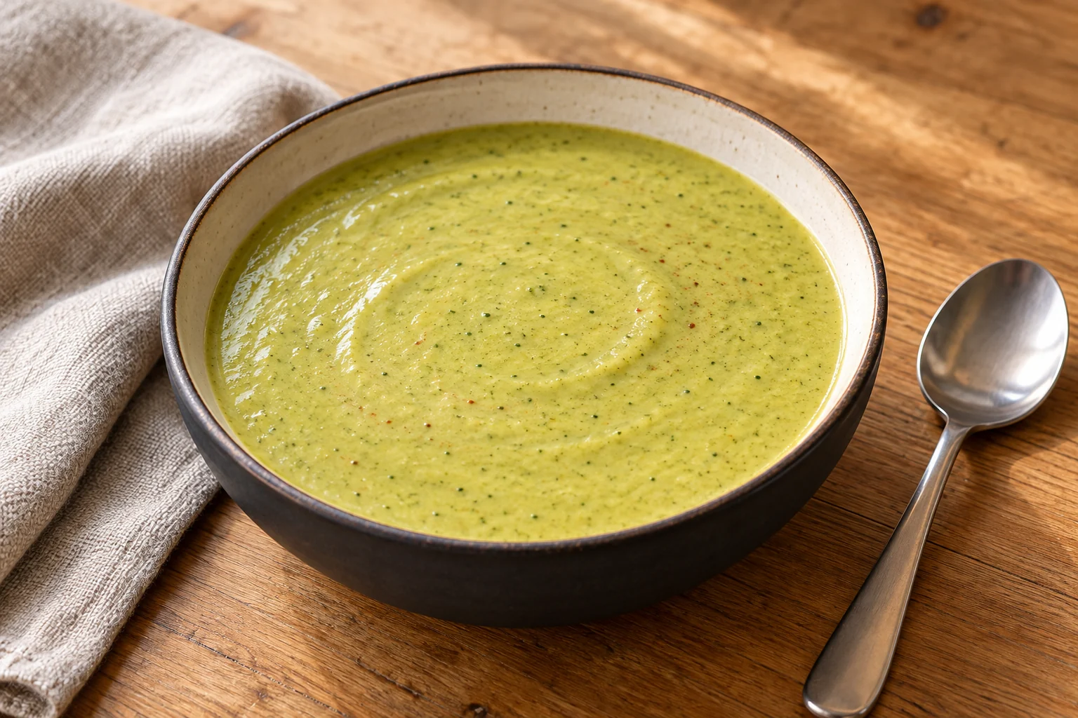 Creamy green broccoli and feta soup in a ceramic bowl