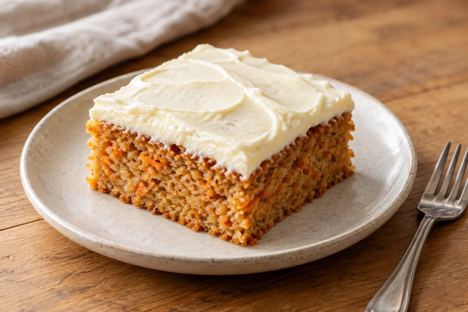 A square of carrot cake with thick cream cheese frosting on a ceramic plate