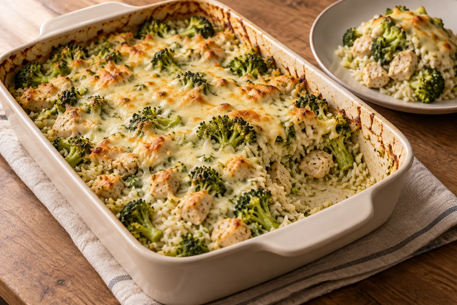 Chicken, broccoli and rice bake with a golden mozzarella topping