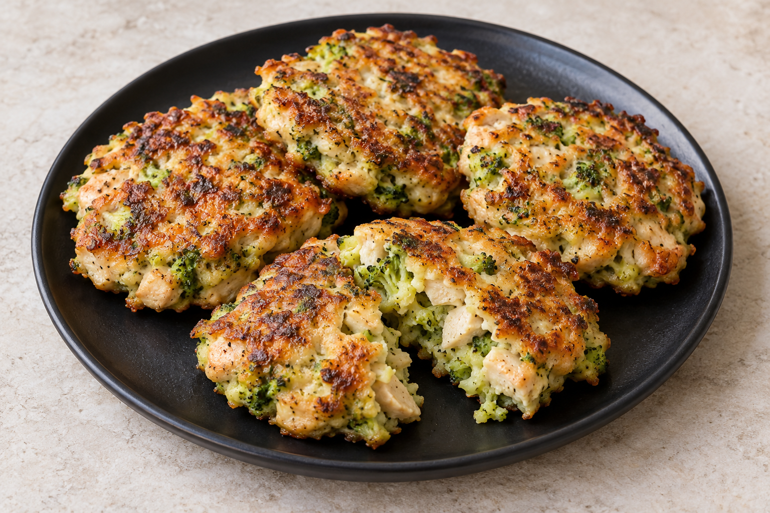 Golden chicken and broccoli fritters on a dark plate, with one opened to show the filling