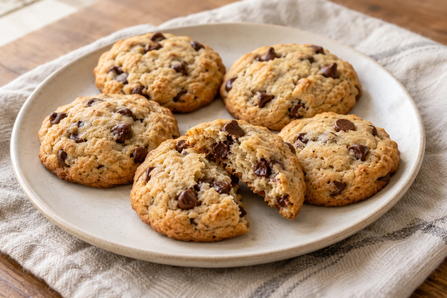 Golden chocolate chip cookies on a plate, with one broken open