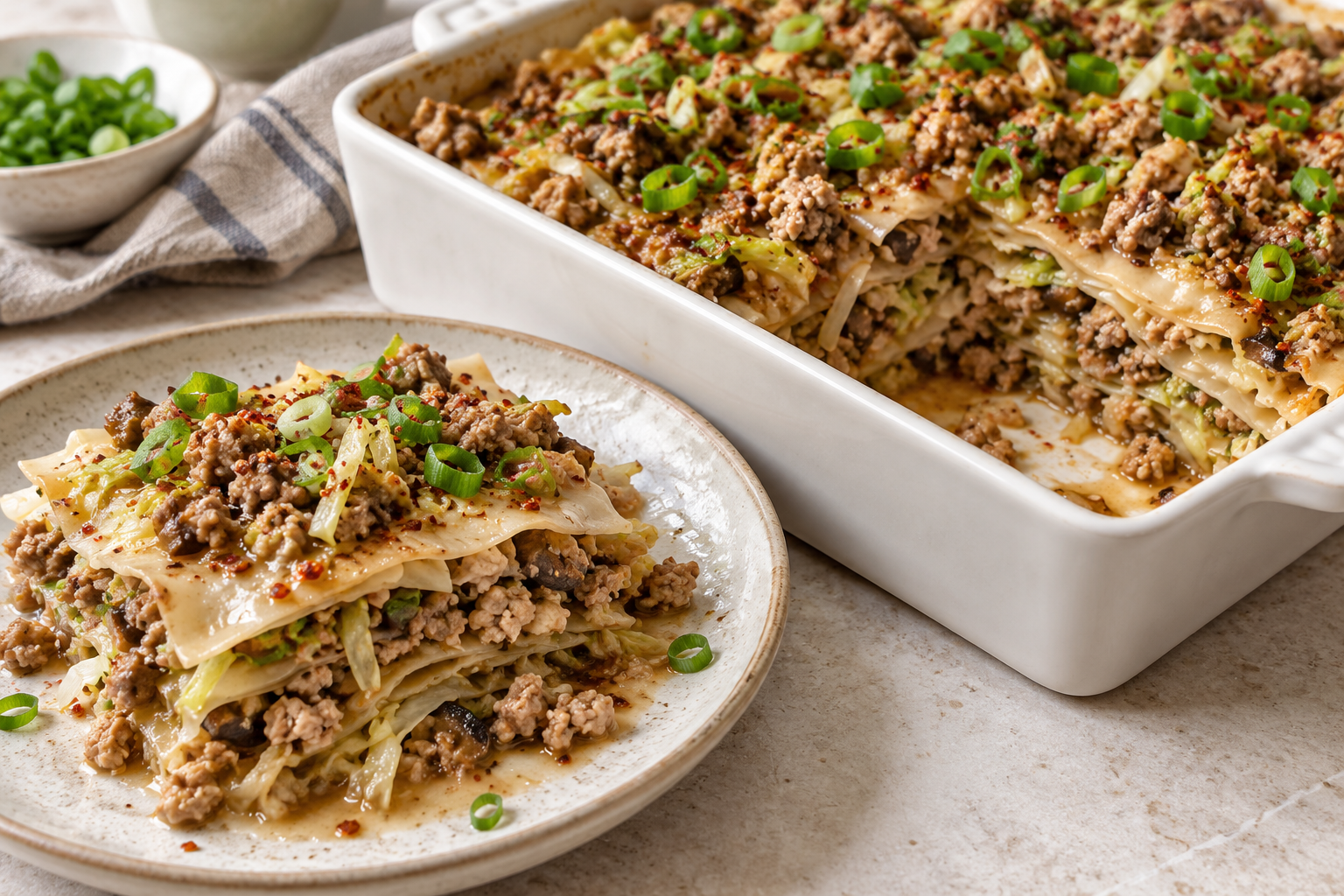 Layered turkey and wonton-wrapper bake with cabbage, mushrooms and scallions, served beside the baking dish