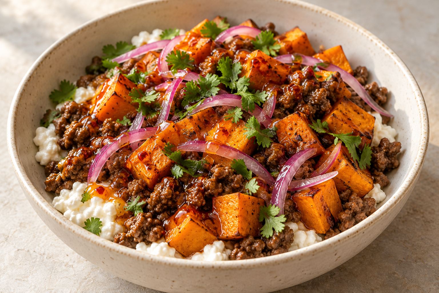 Hot-honey beef and roasted sweet potatoes over cottage cheese with red onion and cilantro