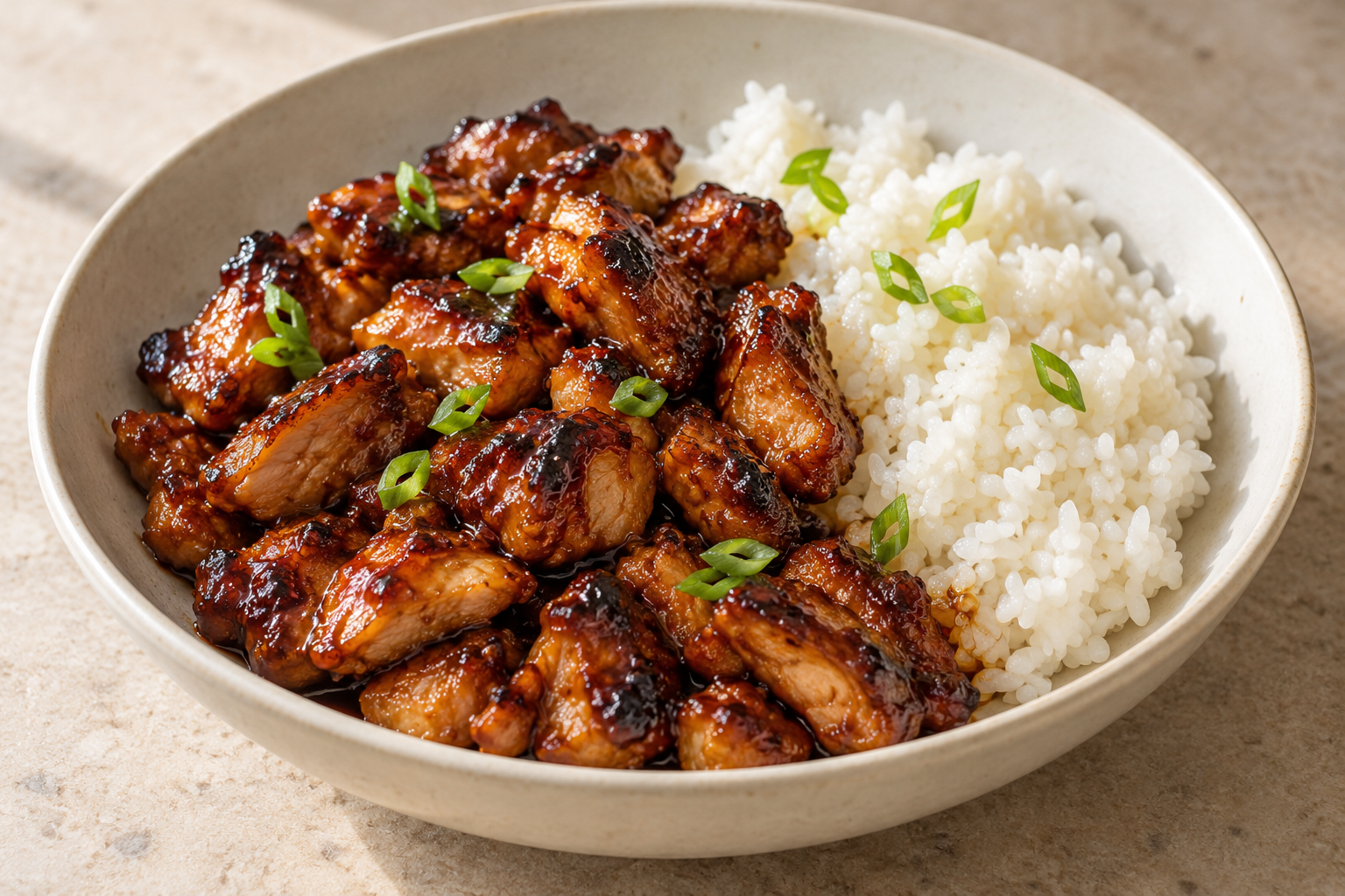 Glazed Korean BBQ chicken thighs beside white sticky rice with sliced green onion