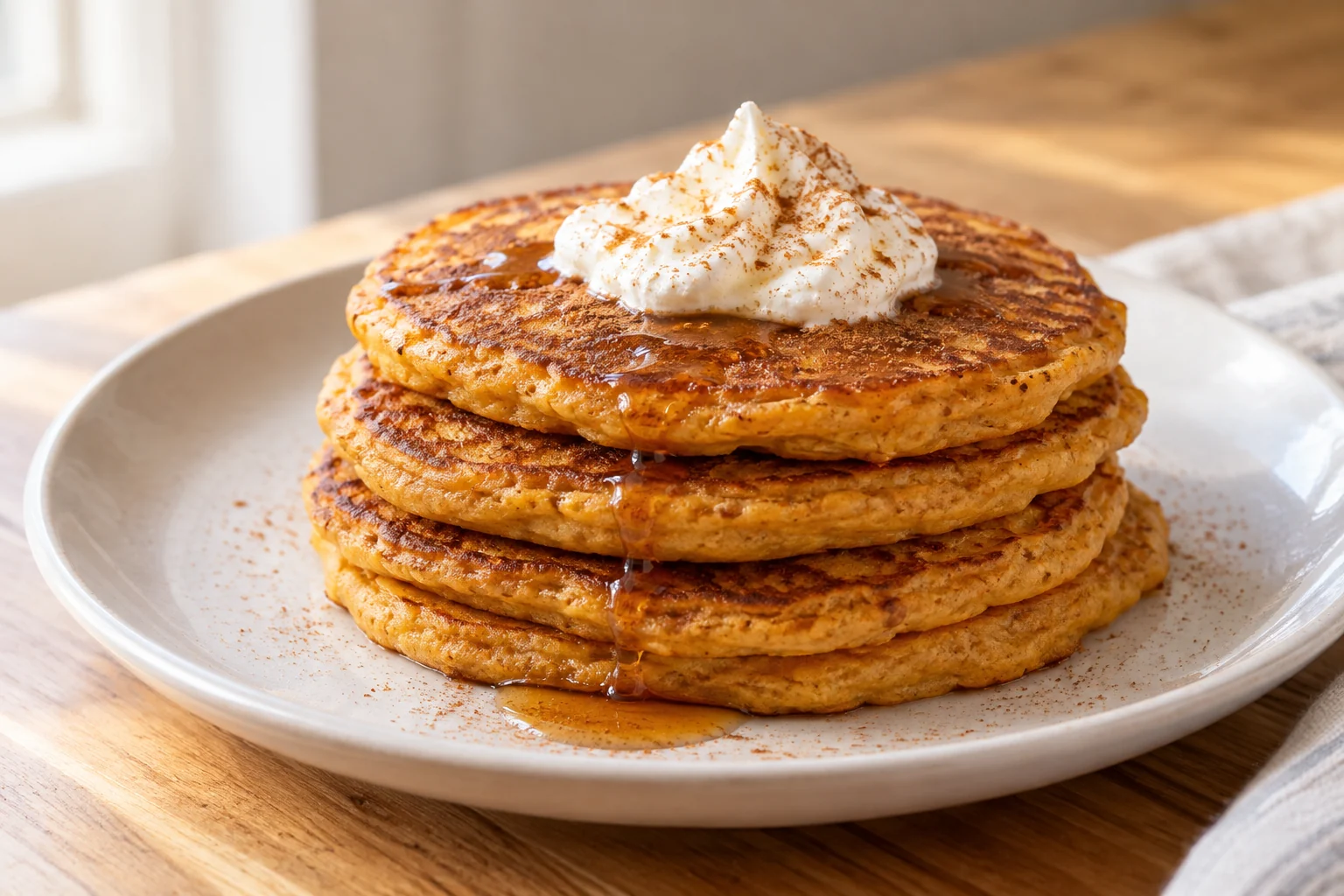 Pumpkin pancakes stacked with whipped cream, cinnamon and syrup