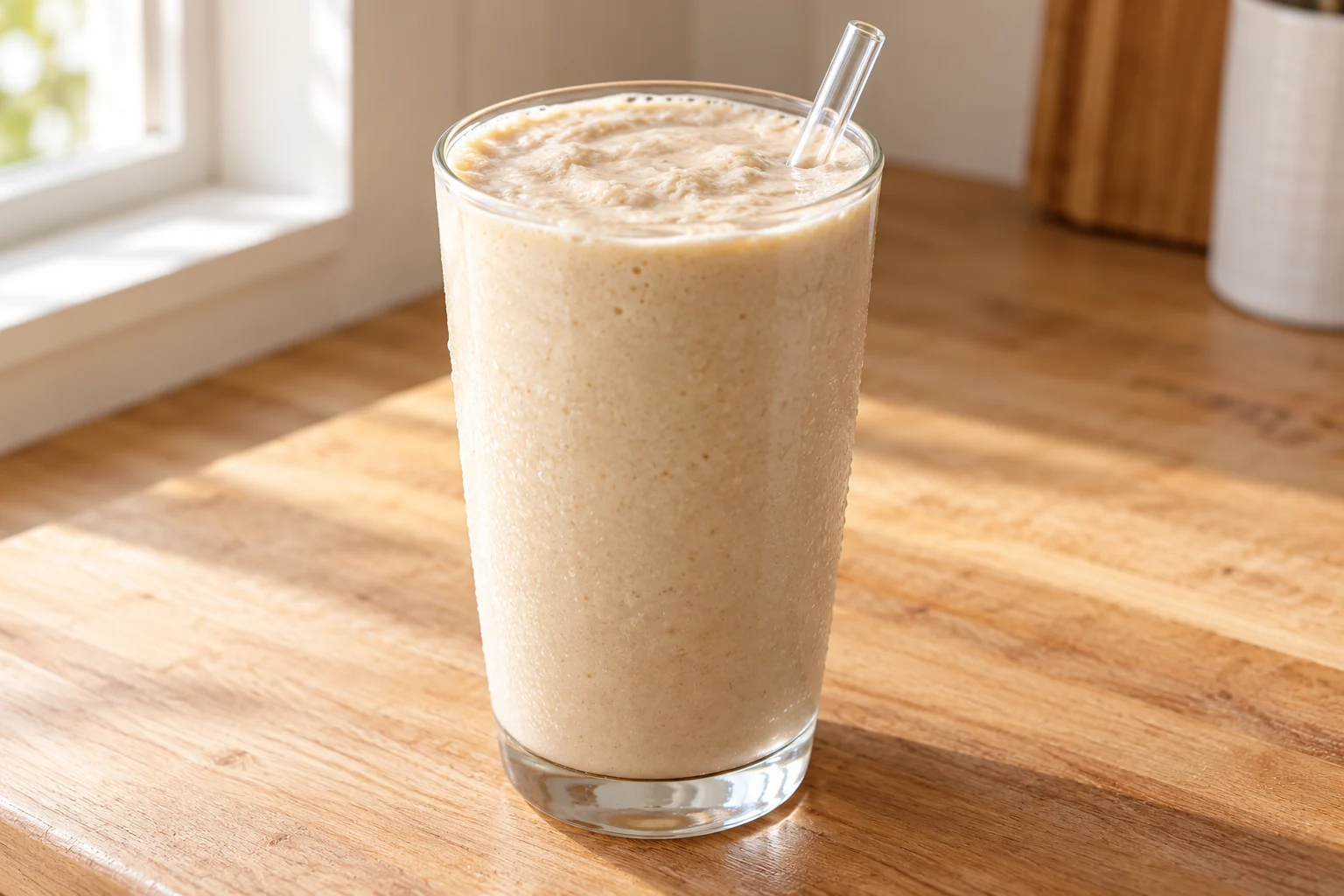 A thick salted date caramel shake in a tall glass with a clear straw