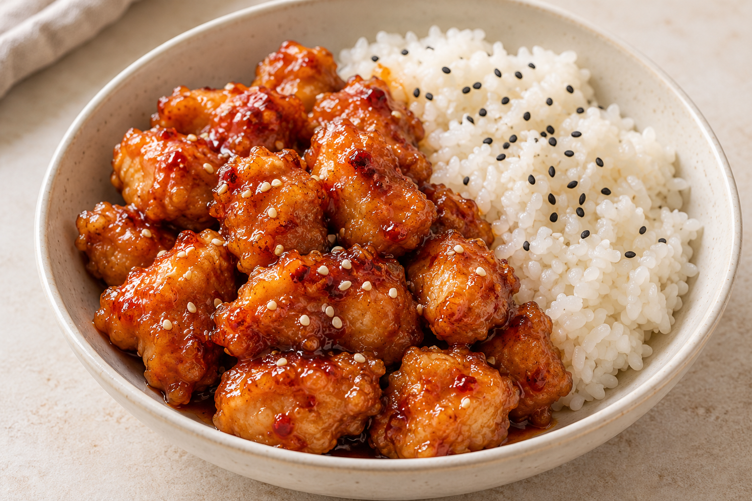 Glossy sweet chilli chicken bites beside white sticky rice with sesame seeds
