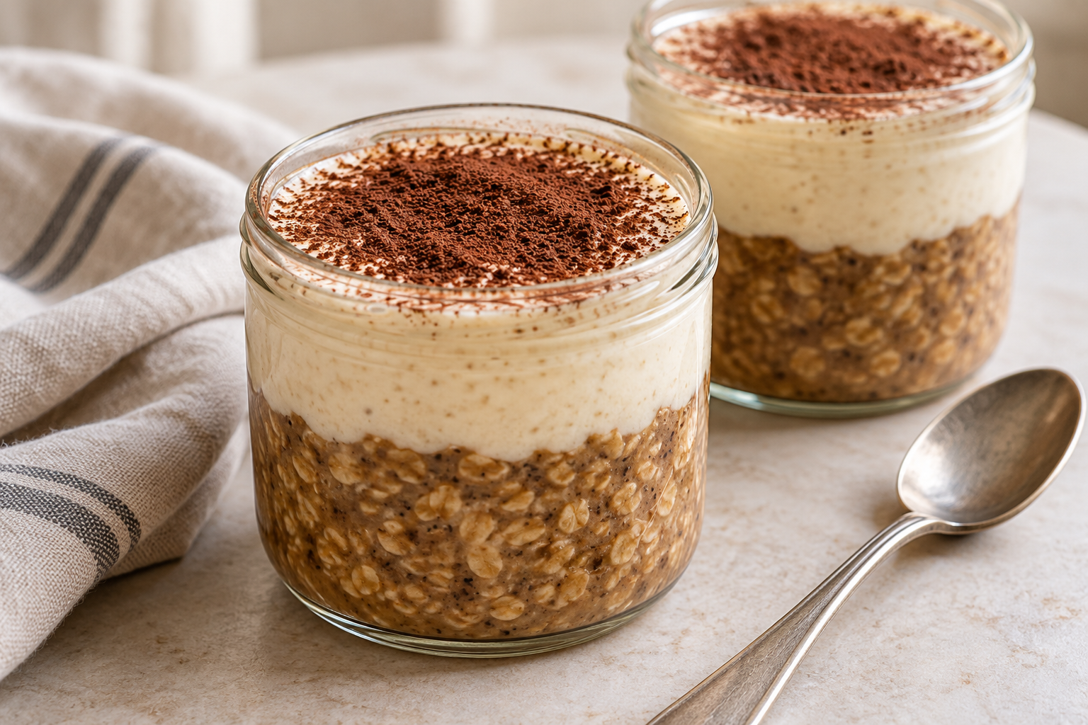 Two jars of coffee overnight oats topped with vanilla dairy cream and a dusting of cocoa
