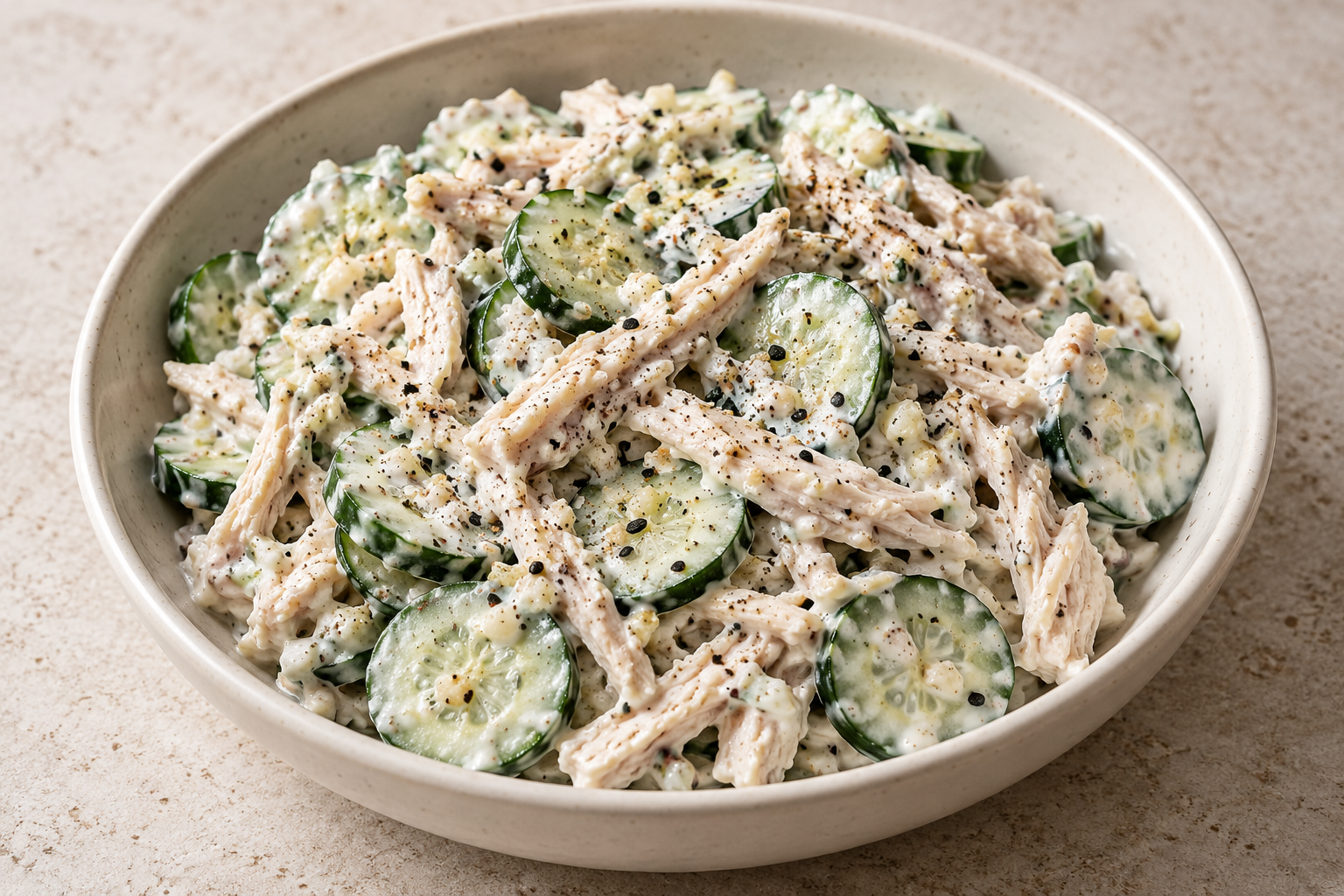 Sliced cucumber and pulled chicken coated in a creamy yogurt dressing with everything-bagel seasoning